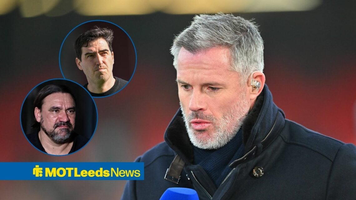 Jamie Carragher looks towards circular frame insets of Daniel Farke and Andoni Iraola