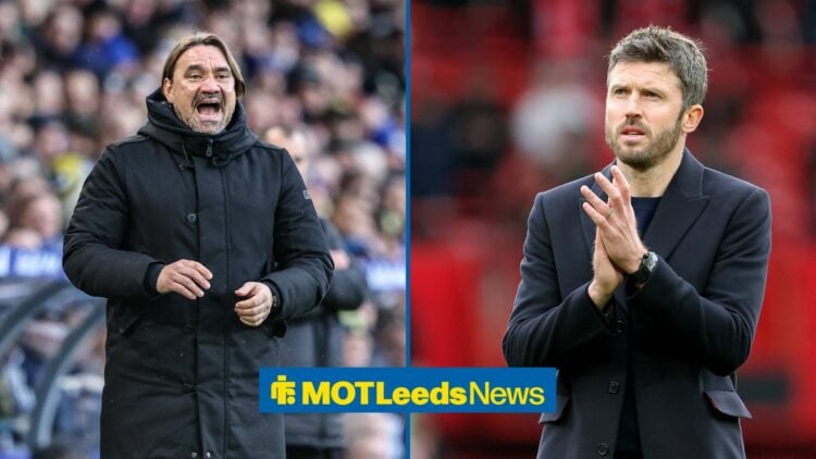 A 50-50 split image of Daniel Farke and Michael Carrick in charge of Leeds and Manchester United.