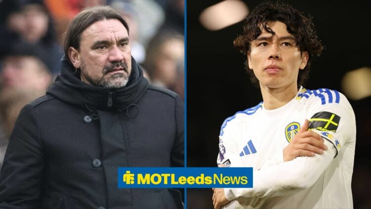 Daniel Farke looking in the direction of Ao Tanaka, Leeds United manager and player.