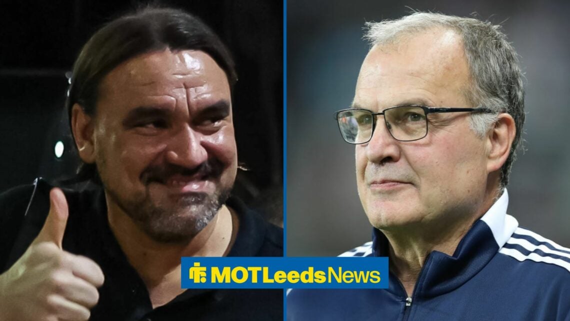 Daniel Farke smiling in the direction of former Leeds United manager, Marcelo Bielsa.