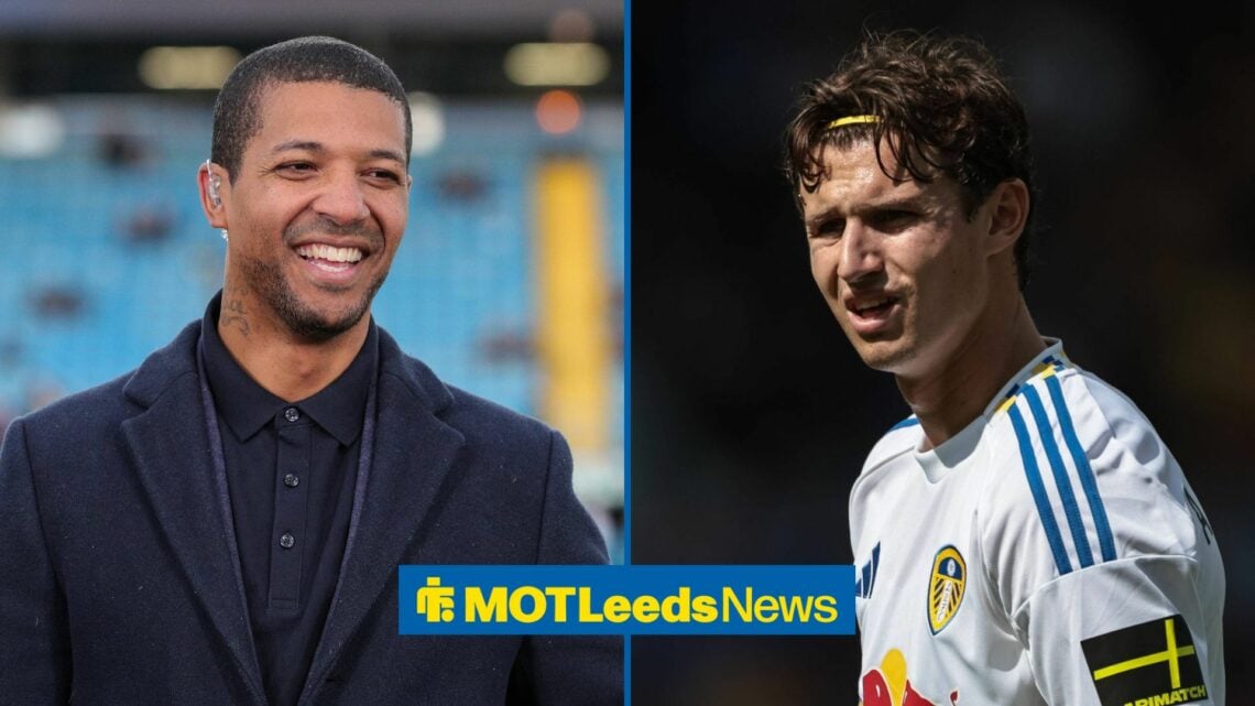 Jermaine Beckford looking in the direction of Leeds United star, Brenden Aaronson.