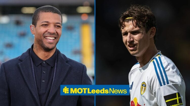 Jermaine Beckford looking in the direction of Leeds United star, Brenden Aaronson.