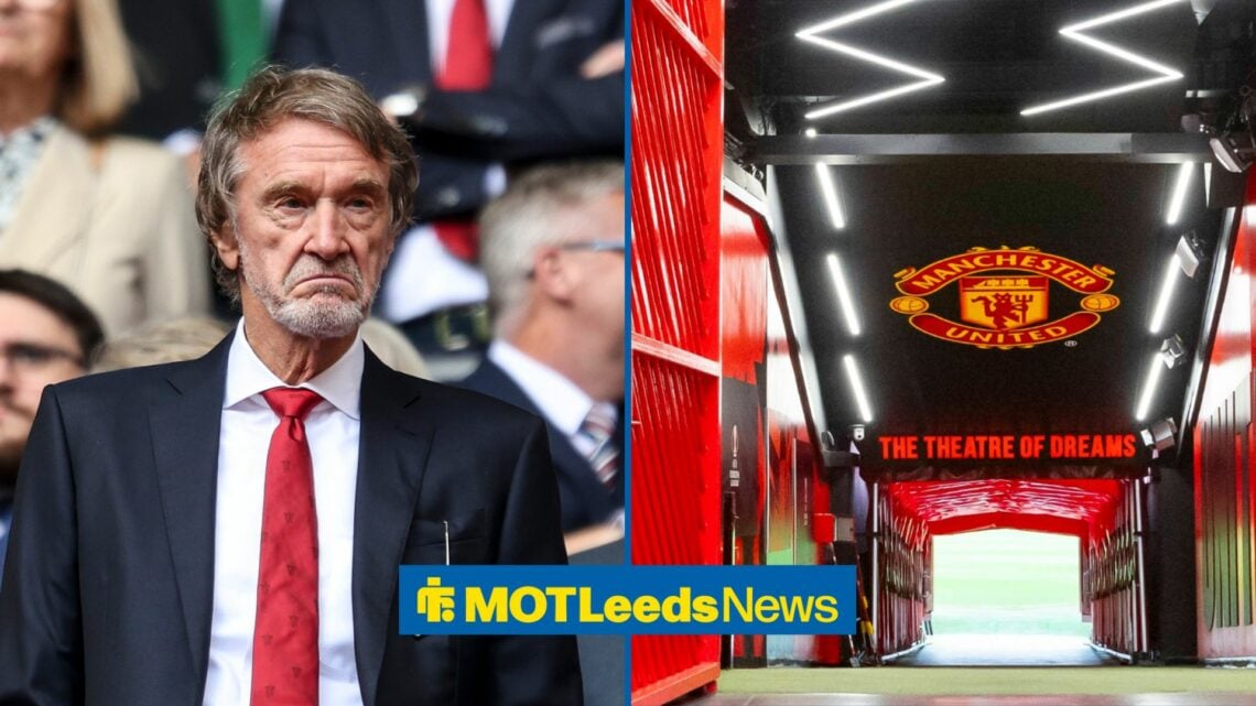 Jim Ratcliffe looking annoyed, with the Old Trafford tunnel alongside him in a split image