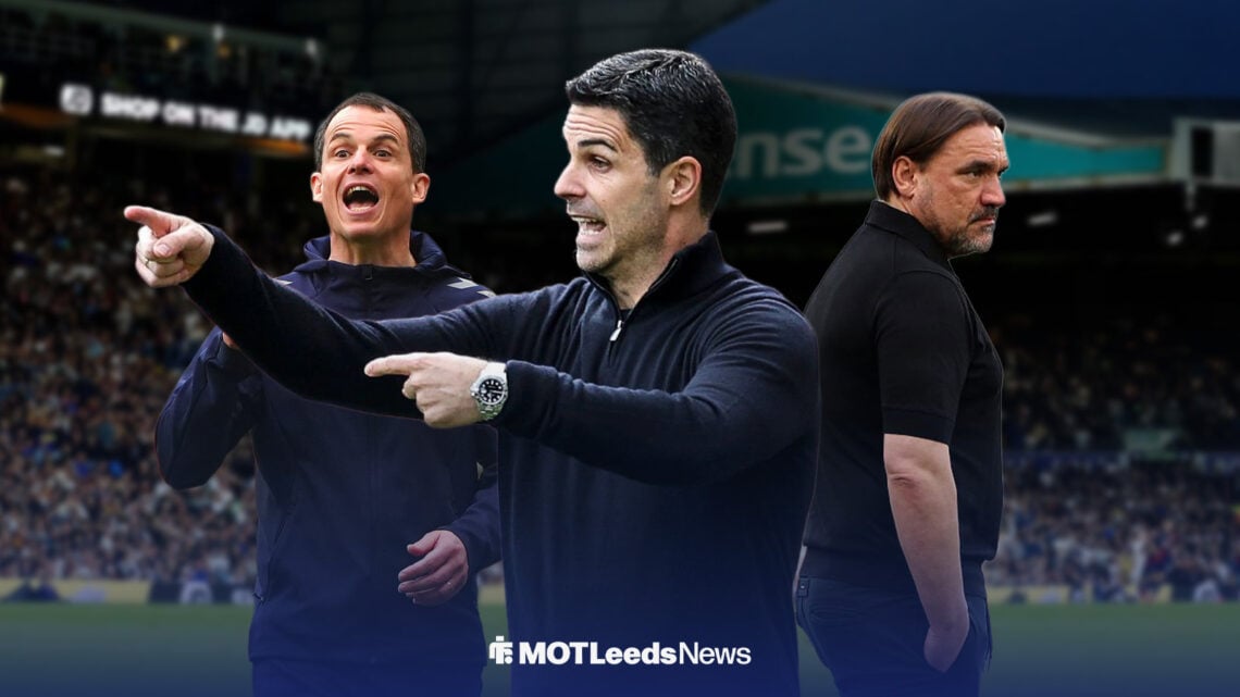 Mikel Arteta points, with Regis Le Bris and Daniel Farke in the background