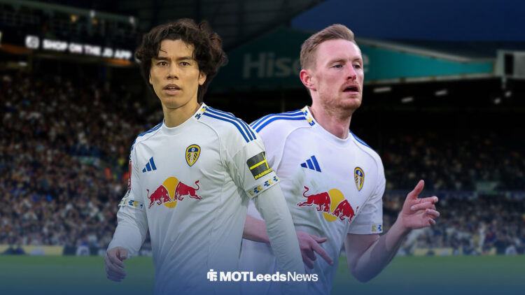 Leeds United players Ao Tanaka and Sean Longstaff in front of Elland Road