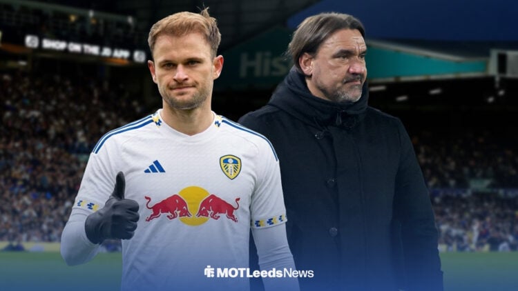 Leo Scienza in a Leeds kit at Elland Road alongside Daniel Farke
