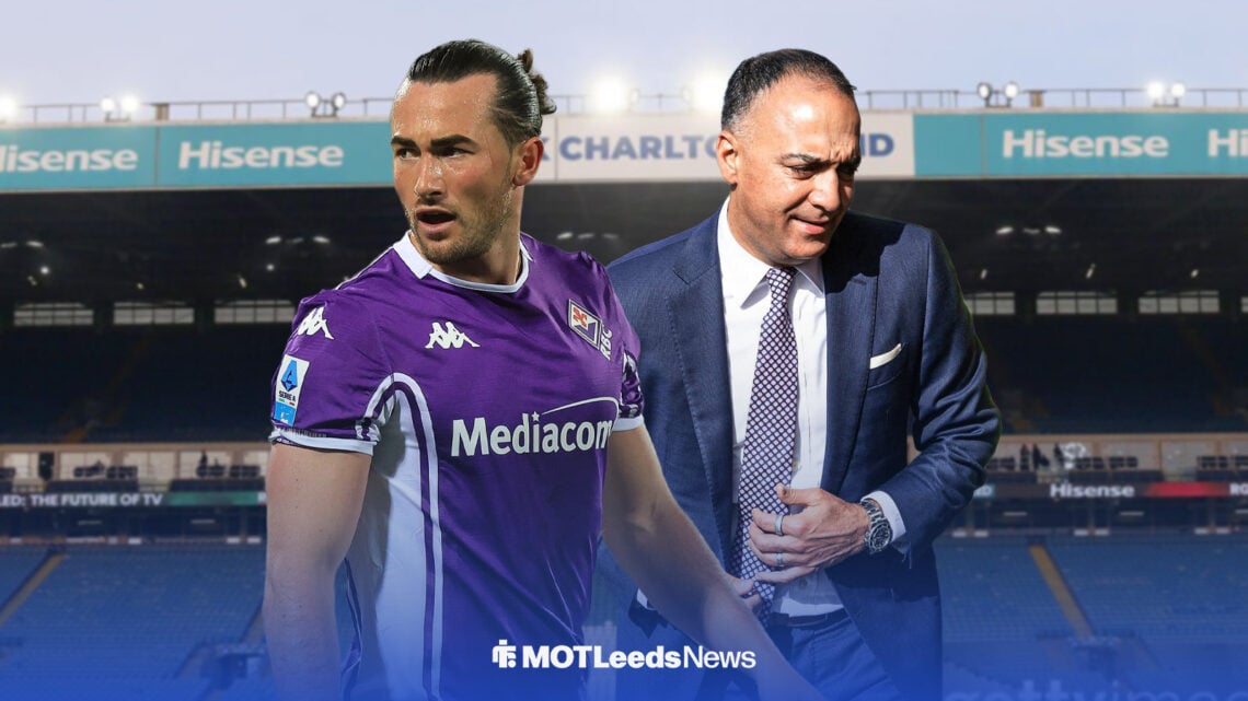 Leeds United loanee Jack Harrison in a Fiorentina shirt with Paraag Marathe behind him