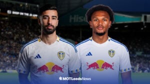 Mohamed Moura in a Leeds kit alongside Lois Openda in a Leeds kit at Elland Road