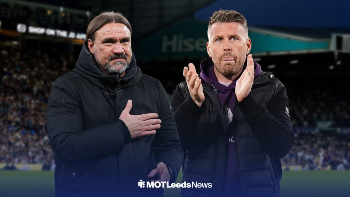 Daniel Farke and Rob Edwards in front of Elland Road.