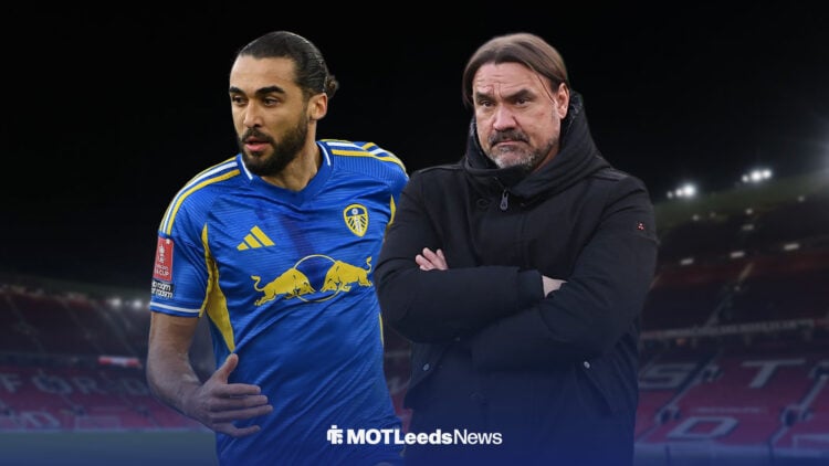 Leeds United striker Dominic Calvert-Lewin and Daniel Farke with Old Trafford in the background