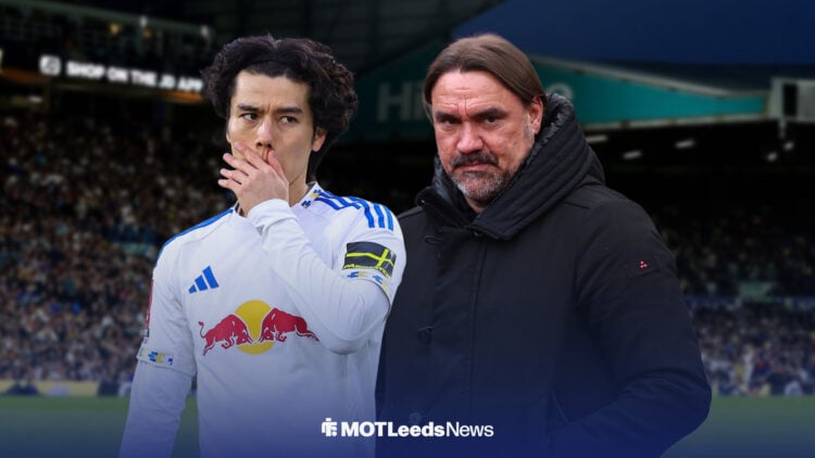 Ao Tanaka puts his hand over his mouth, next to a concerned-looking Daniel Farke