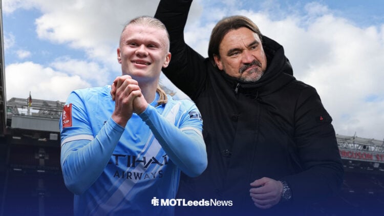 Erling Haaland and Daniel Farke celebrating at Old Trafford