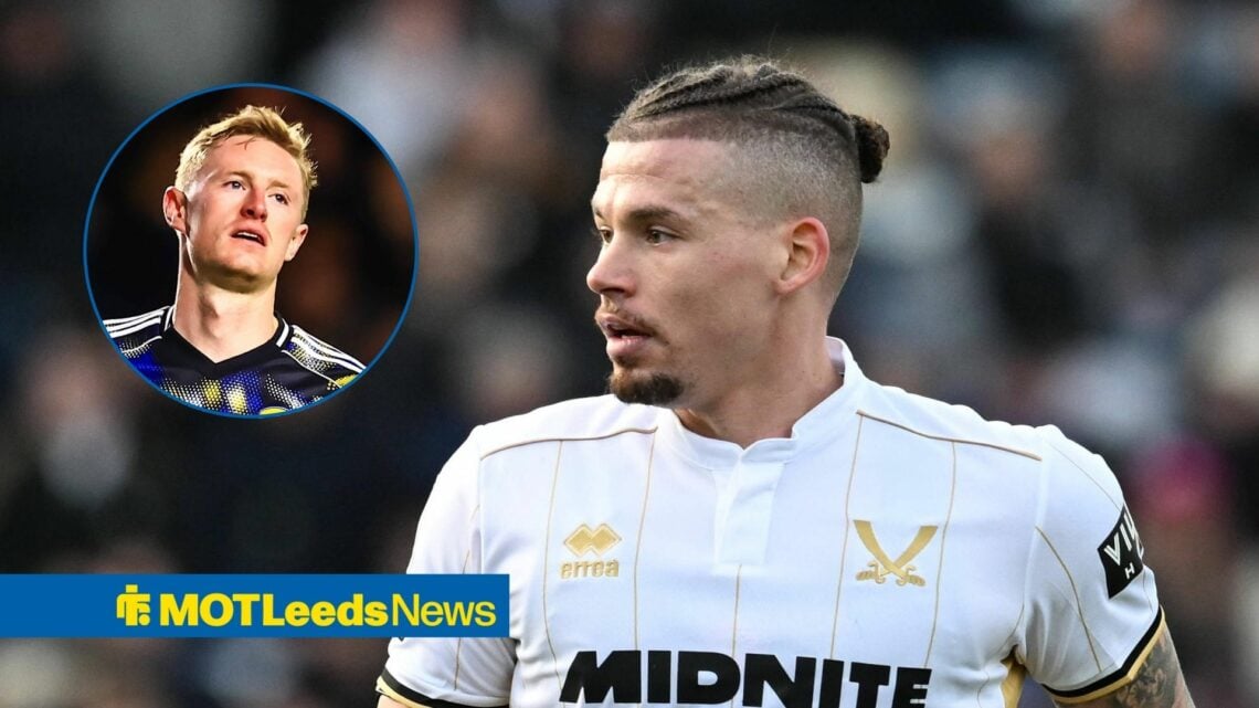 Kalvin Phillips looking towards a circular frame inset of Sean Longstaff