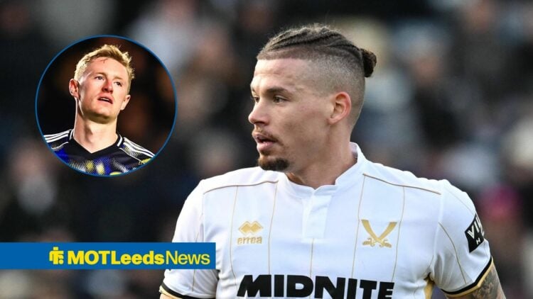 Kalvin Phillips looking towards a circular frame inset of Sean Longstaff