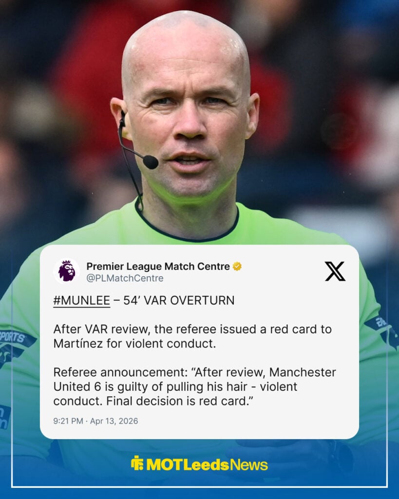 Premier League Match Centre tweet on Lisandro Martinez red card