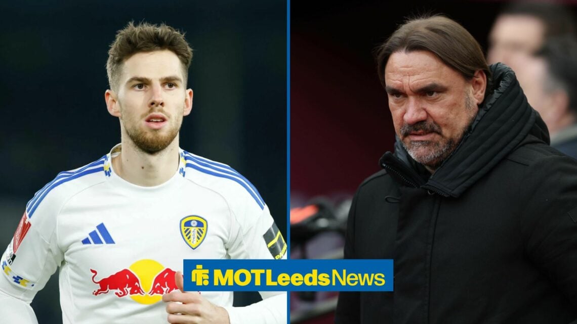 Anton Stach in action for Leeds United, with Daniel Farke alongside him