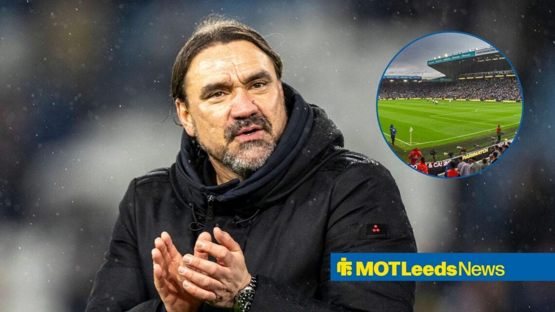 Daniel Farke applauds with circular inset of Elland Road