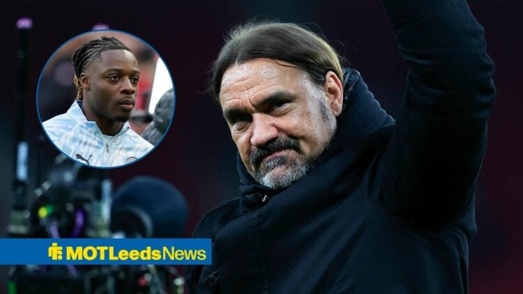 Jeremy Doku in action for Man City with Daniel Farke celebrating
