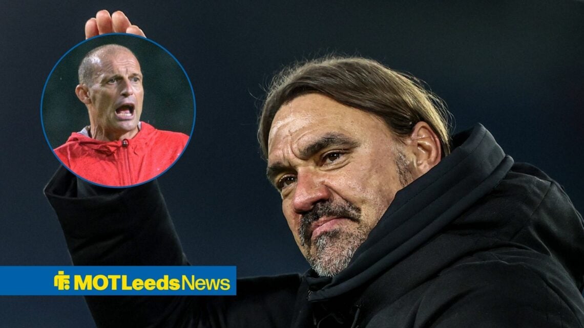 Daniel Farke smiling at Leeds with AC Milan manager Massimiliano Allegri in circular inset