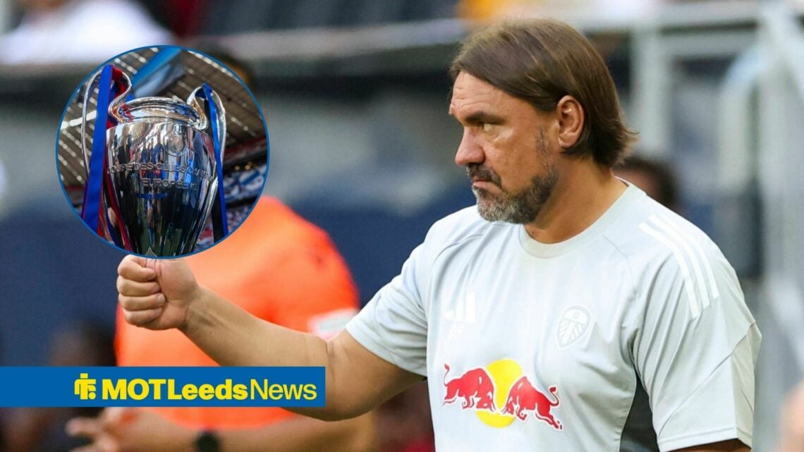 Daniel Farke looking onwards at Leeds United with Champions League trophy in circular inset