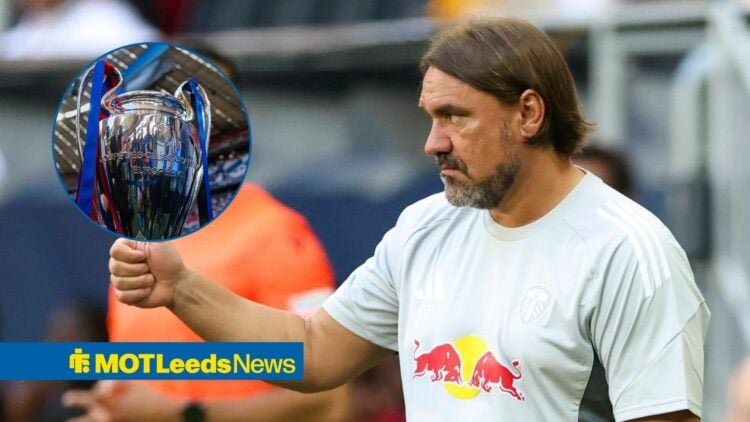 Daniel Farke looking onwards at Leeds United with Champions League trophy in circular inset