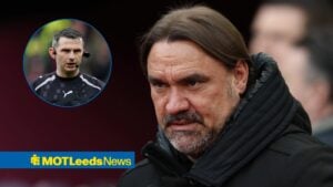 Daniel farke looking unhappy with Michael Oliver in circular inset