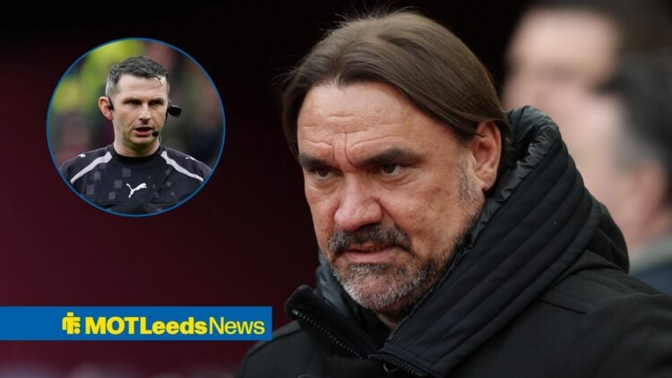 Daniel farke looking unhappy with Michael Oliver in circular inset