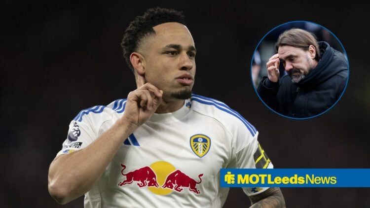 Noah Okafor celebrating for Leeds United as Daniel Farke looks worried in circular inset