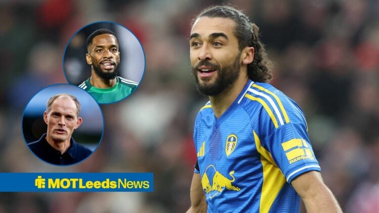 Dominic Calvert-Lewin looking confused with Ivan Toney and Thomas Tuchel in circular inset