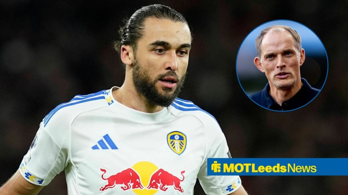 Dominic Calvert-Lewin in action for Leeds United with Thomas Tuchel in circular inset
