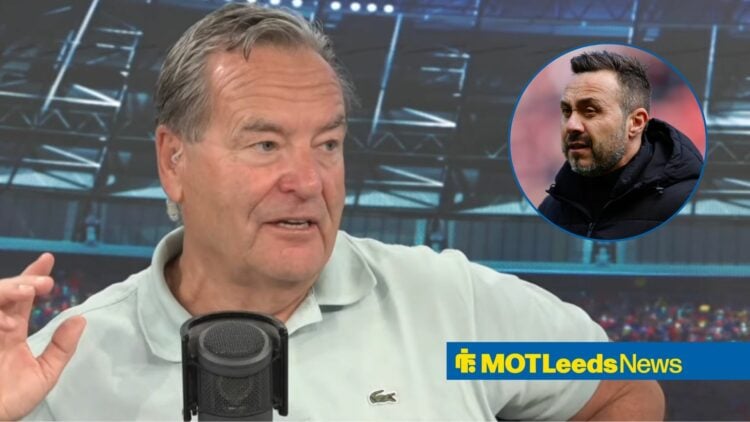Jeff Stelling speaking on talkSPORT looking towards a circle inset of Roberto De Zerbi, manager of Tottenham Hotspur, prior to kick off during the ...