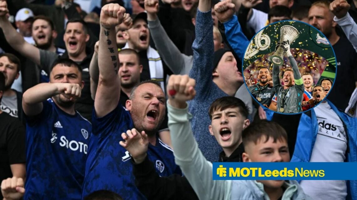 Leeds United fans looking angry towards a circle inset of Crystal Palace lifting the Conference League trophy