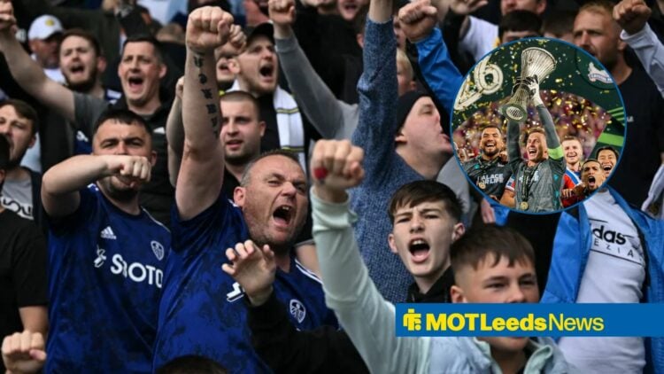 Leeds United fans looking angry towards a circle inset of Crystal Palace lifting the Conference League trophy