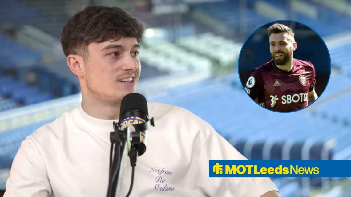 Daniel James speaking on The Official Leeds United Podcast looking towards a circle inset of Stuart Dallas celebrating for Leeds United