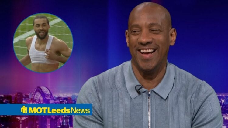 Dion Dublin speaking on Match of the Day looking towards Dominic Calvert-Lewin celebrating for Leeds United against Brighton