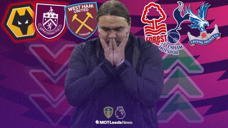 Daniel Farke looking nervous for Leeds United surrounded by Wolves, Burnley, West Ham, Nottingham Forest, Tottenham and Crystal Palace badges