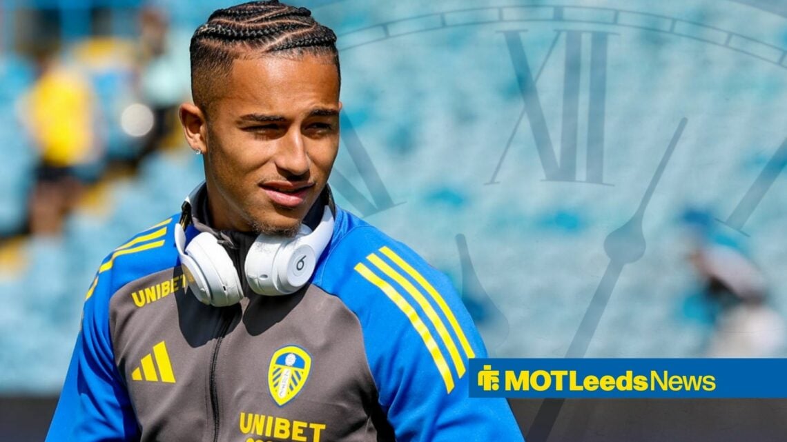Mateo Joseph in a Leeds United tracksuit pre-match at Elland Road
