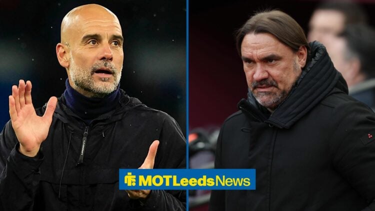 Pep Guardiola applauding fans on the left with Daniel Farke on the sideline for Leeds on the right