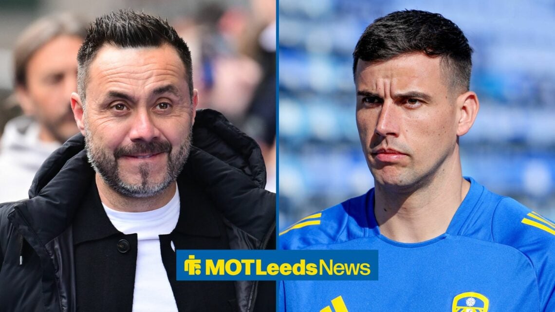 Roberto De Zerbi smiling with Leeds' Karl Darlow on the right