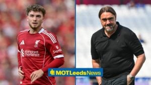 Harvey Elliott in action for Liverpool on the left with Daniel Farke for Leeds on the right