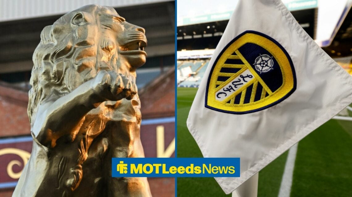 A lion statue at Villa Park alongside a Leeds United flag at Elland Road