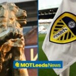 A lion statue at Villa Park alongside a Leeds United flag at Elland Road