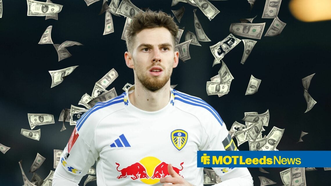 Anton Stach of Leeds United during the Norwich City FA Cup match, money raining down in the background.