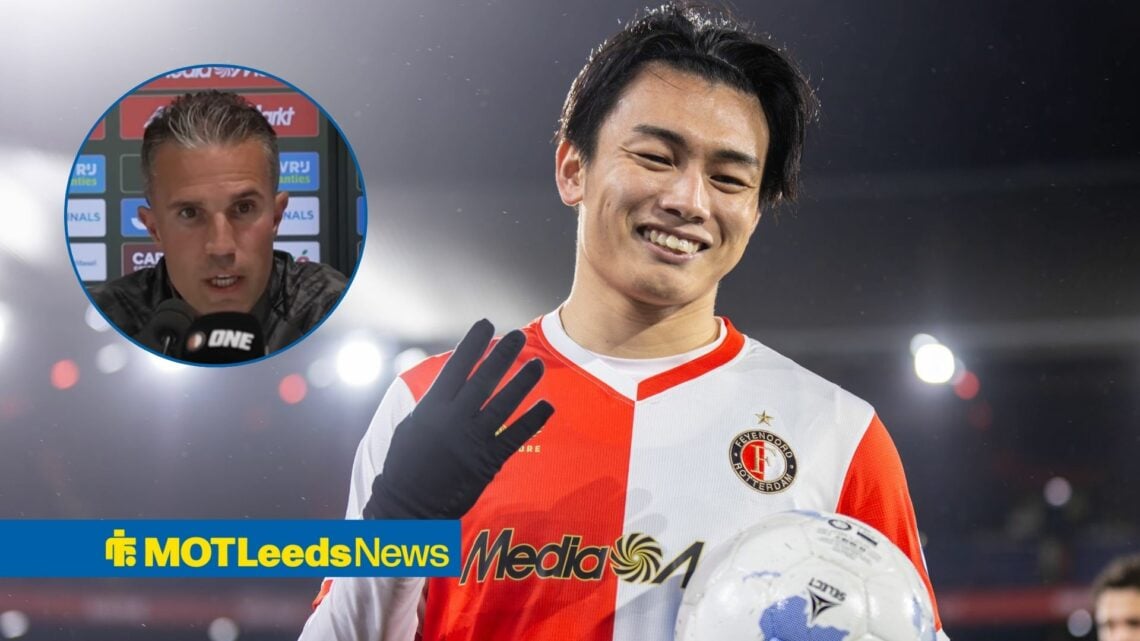 Feyenoord player Ayase Ueda with the ball celebrating the victory after the match between Feyenoord vs PEC Zwolle, Robin van Persie doing media dut...