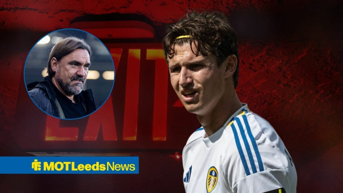 Brenden Aaronson looking miserable playing for Leeds United, Daniel Farke looking neutral in inset.