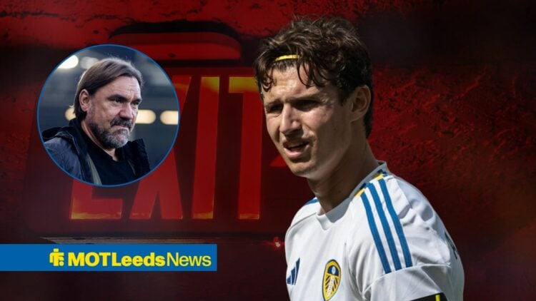 Brenden Aaronson looking miserable playing for Leeds United, Daniel Farke looking neutral in inset.