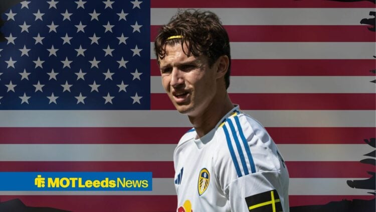 Brenden Aaronson looking miserable playing for Leeds United, United States flag in background.