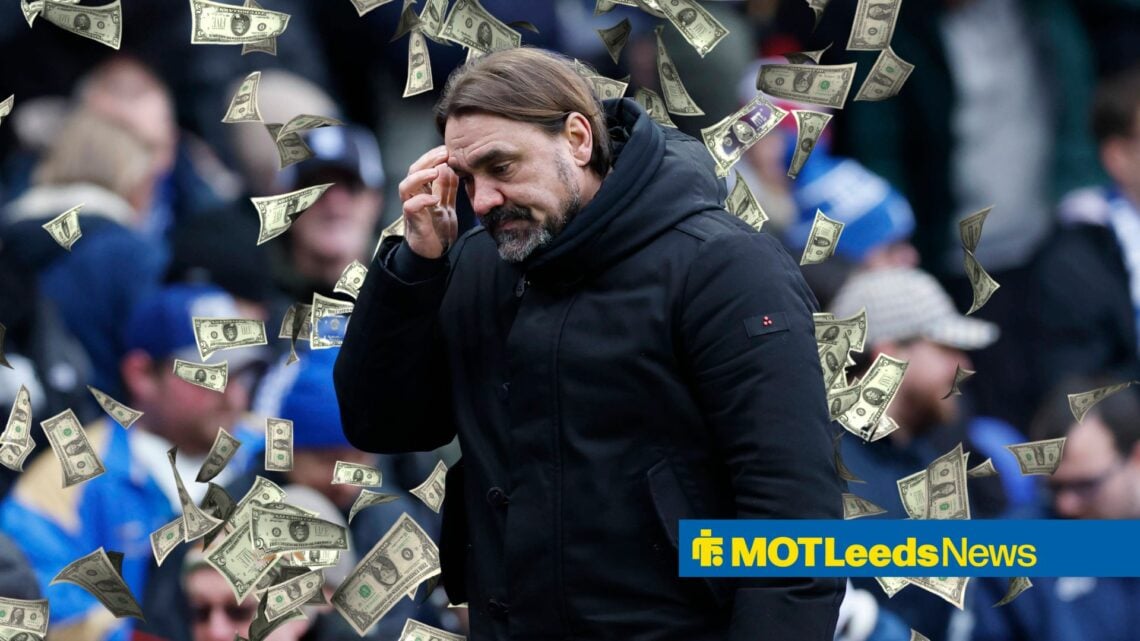 Leeds United manager Daniel Farke looking miserable as money rains down.