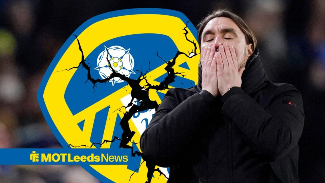 Daniel Farke with a cracking Leeds United badge behind him.