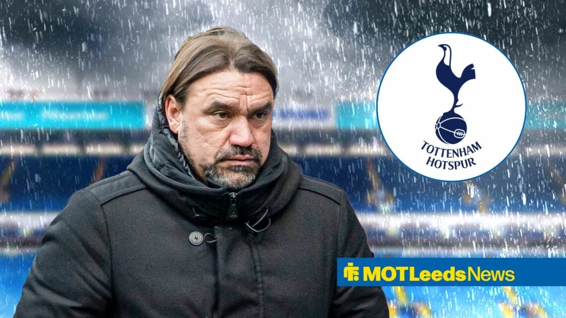 Daniel Farke looking miserable in the rain at Leeds United's Elland road Stadium, tottenham badge in inset.